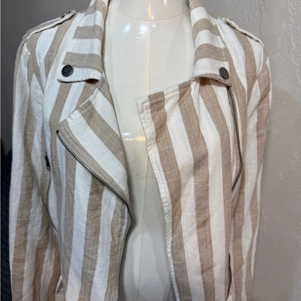 Lulus Striped Moto Jacket Cream Tan Asymmetrical Zip Lightweight Size L - Picture 3 of 12
